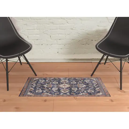 Navy Blue Floral Power Loom Area Rug With Fringe Photo 2