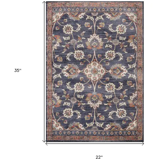 Navy Blue Floral Power Loom Area Rug With Fringe Photo 9