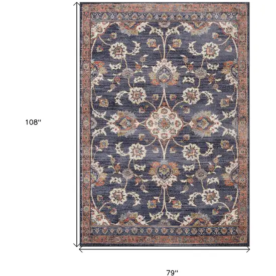 Navy Blue Floral Power Loom Area Rug With Fringe Photo 9