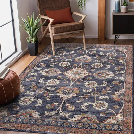 Navy Blue Floral Power Loom Area Rug With Fringe Photo 8