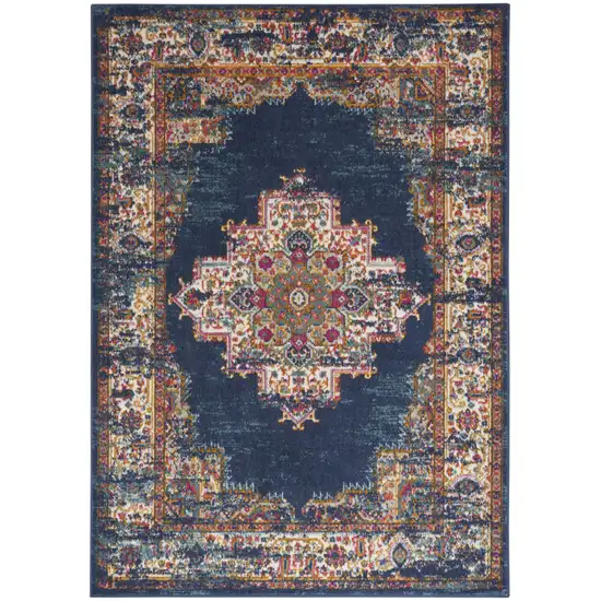 Navy Blue Floral Power Loom Distressed Area Rug Photo 1