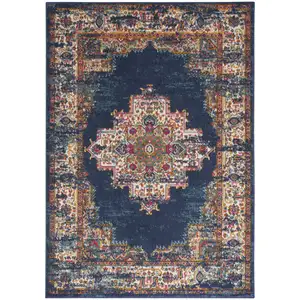 Photo of Navy Blue Floral Power Loom Distressed Area Rug