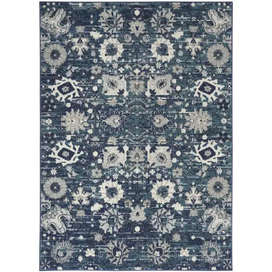 Navy Blue Floral Power Loom Distressed Area Rug Photo 7