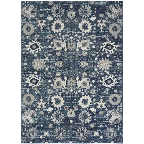 Navy Blue Floral Power Loom Distressed Area Rug Photo 1