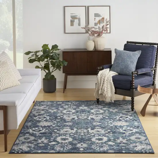 Navy Blue Floral Power Loom Distressed Area Rug Photo 7