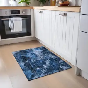 Photo of Navy Blue Floral Washable Non Skid Indoor Outdoor Area Rug