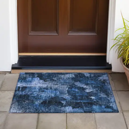 Navy Blue Floral Washable Non Skid Indoor Outdoor Area Rug Photo 8