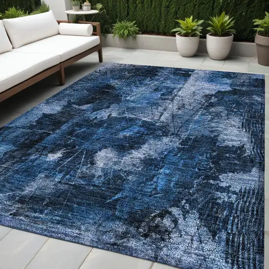 Navy Blue Floral Washable Non Skid Indoor Outdoor Area Rug Photo 1