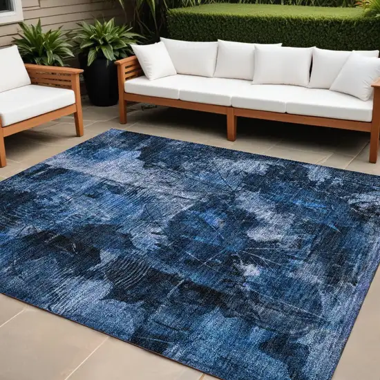 Navy Blue Floral Washable Non Skid Indoor Outdoor Area Rug Photo 1