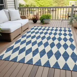 Photo of Navy Blue Geometric Washable Indoor Outdoor Area Rug