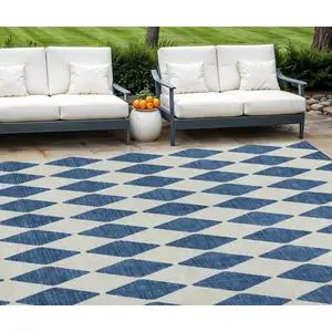 Photo of Navy Blue Geometric Washable Indoor Outdoor Area Rug