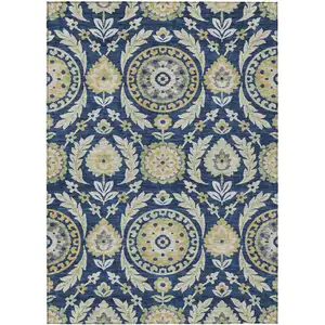 Photo of Navy Blue Gold And Beige Floral Washable Indoor Outdoor Area Rug