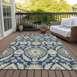 Photo of Navy Blue Gold And Beige Floral Washable Indoor Outdoor Area Rug