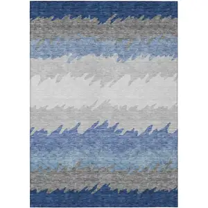 Photo of Navy Blue Gray And Silver Striped Washable Indoor Outdoor Area Rug