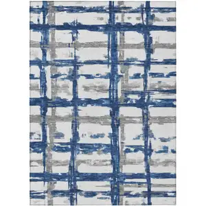 Photo of Navy Blue Gray And Silver Striped Washable Indoor Outdoor Area Rug