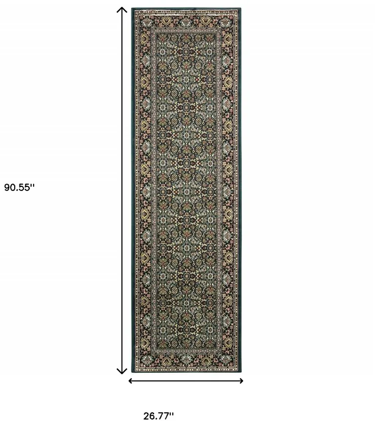 Navy Blue Green Red Ivory And Yellow Oriental Power Loom Stain Resistant Runner Rug Photo 4