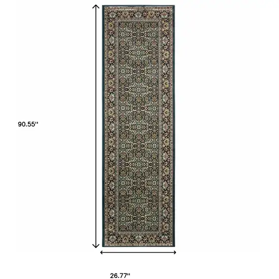 Navy Blue Green Red Ivory And Yellow Oriental Power Loom Stain Resistant Runner Rug Photo 4