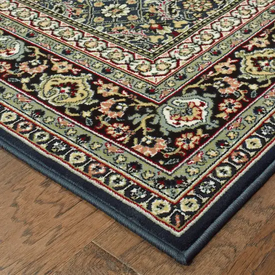 Navy Blue Green Red Ivory And Yellow Oriental Power Loom Stain Resistant Runner Rug Photo 3