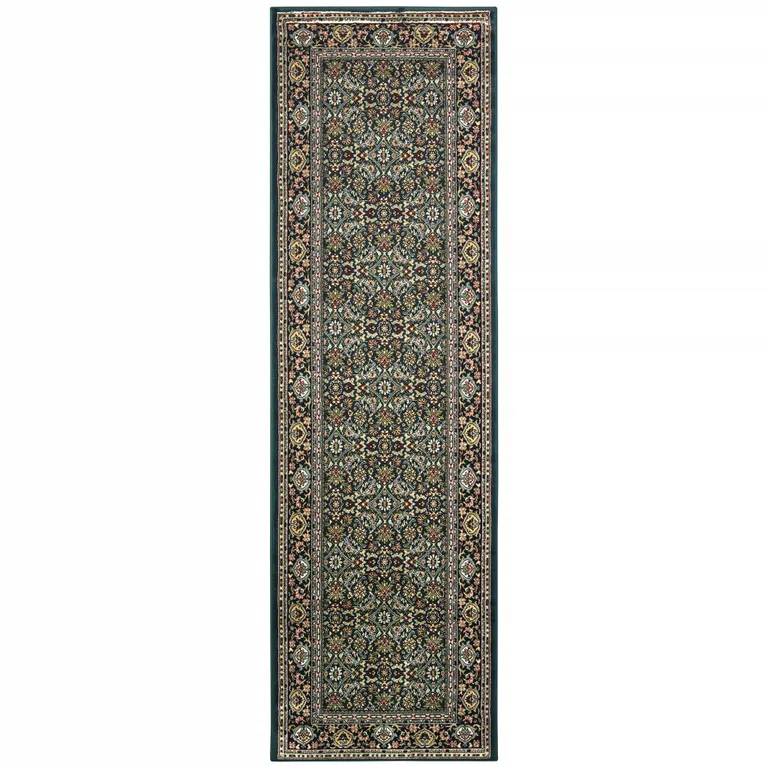 Navy Blue Green Red Ivory And Yellow Oriental Power Loom Stain Resistant Runner Rug Photo 1