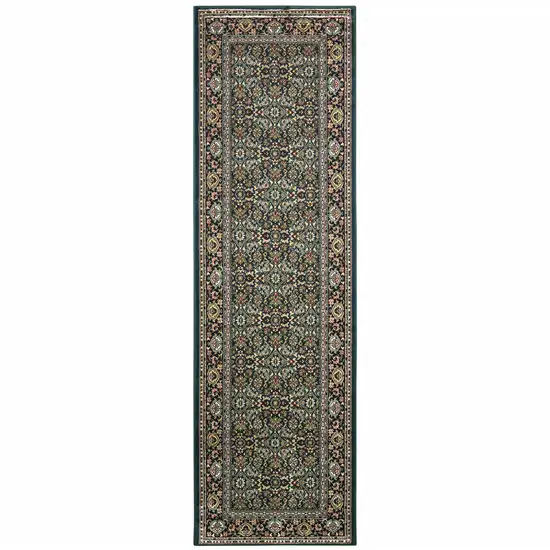 Navy Blue Green Red Ivory And Yellow Oriental Power Loom Stain Resistant Runner Rug Photo 1