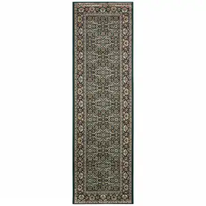 Photo of Navy Blue Green Red Ivory And Yellow Oriental Power Loom Stain Resistant Runner Rug