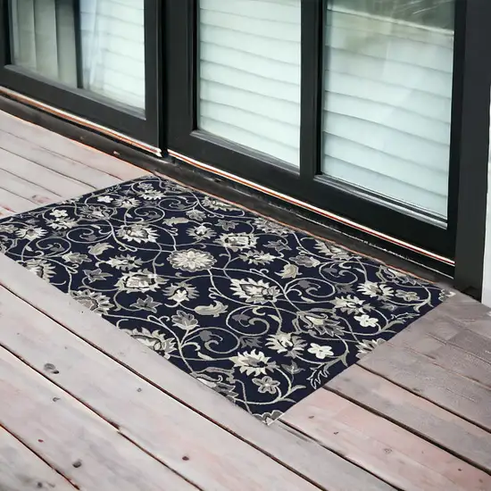 2'X3' Navy Blue Hand Hooked Uv Treated Floral Vines Indoor Outdoor Accent Rug Photo 1