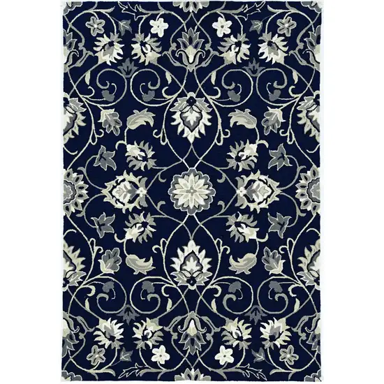 2'X3' Navy Blue Hand Hooked Uv Treated Floral Vines Indoor Outdoor Accent Rug Photo 2