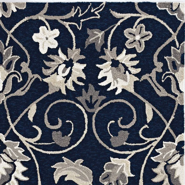 Navy Blue Hand Hooked UV Treated Floral Vines Indoor Outdoor Accent Rug Photo 3