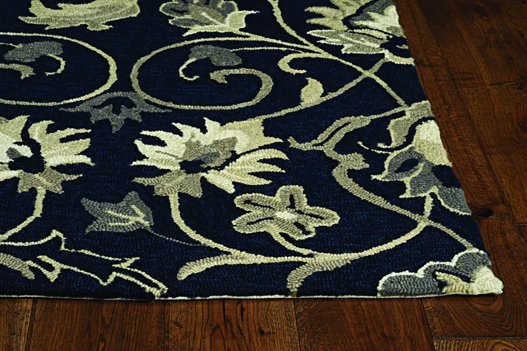 Navy Blue Hand Hooked UV Treated Floral Vines Indoor Outdoor Accent Rug Photo 1