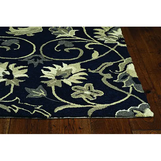 Navy Blue Hand Hooked UV Treated Floral Vines Indoor Outdoor Accent Rug Photo 1