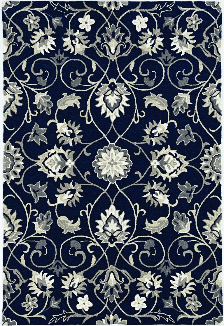 Navy Blue Hand Hooked UV Treated Floral Vines Indoor Outdoor Accent Rug Photo 2