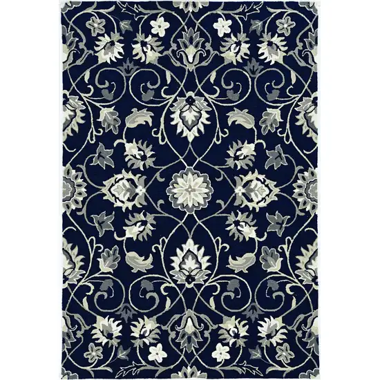 Navy Blue Hand Hooked UV Treated Floral Vines Indoor Outdoor Accent Rug Photo 2