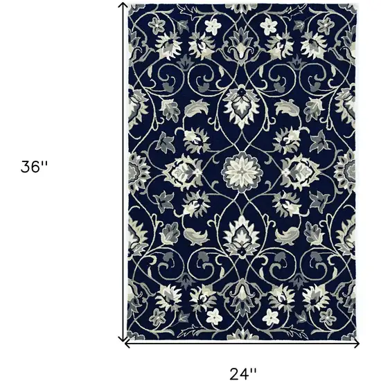 2'X3' Navy Blue Hand Hooked Uv Treated Floral Vines Indoor Outdoor Accent Rug Photo 3