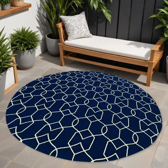 Navy Blue Round Moroccan Indoor Outdoor Area Rug Photo 1