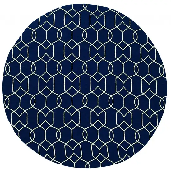 7' Navy Blue Hand Hooked Uv Treated Geometric Round Indoor Outdoor Area Rug Photo 2