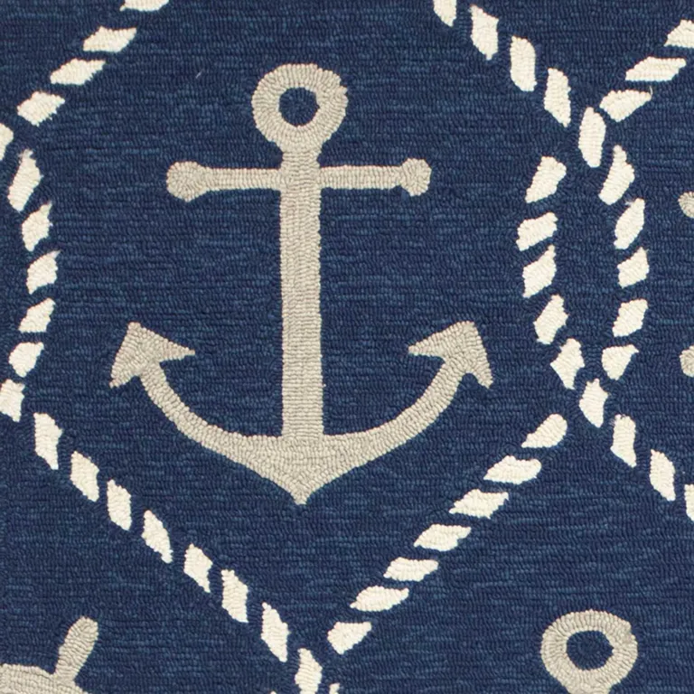 Navy Blue Hand Hooked UV Treated Nautical Indoor Outdoor Area Rug Photo 2