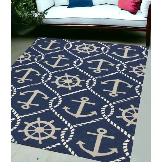 5'X8' Navy Blue Hand Hooked Uv Treated Nautical Indoor Outdoor Area Rug Photo 1