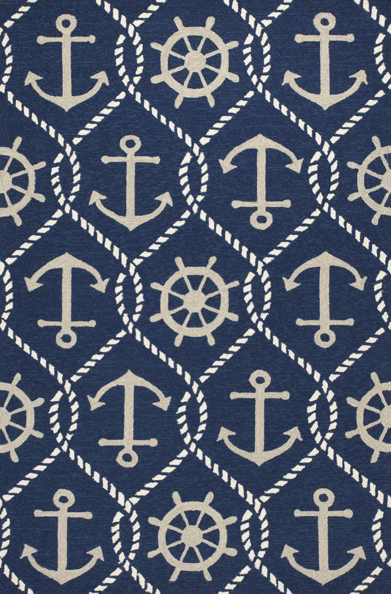 Navy Blue Hand Hooked UV Treated Nautical Indoor Outdoor Area Rug Photo 1