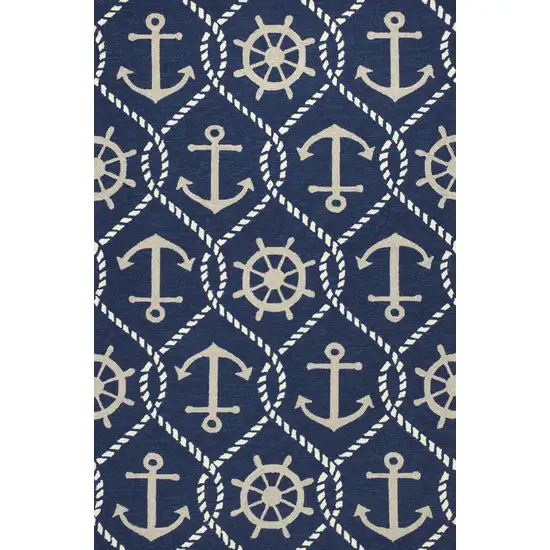 Navy Blue Hand Hooked UV Treated Nautical Indoor Outdoor Area Rug Photo 1