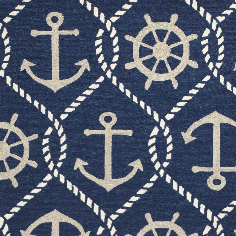 Navy Blue Hand Hooked UV Treated Nautical Indoor Outdoor Area Rug Photo 3