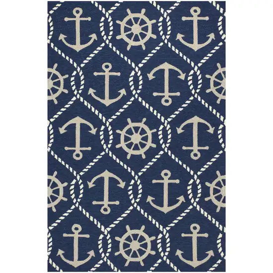 5'X8' Navy Blue Hand Hooked Uv Treated Nautical Indoor Outdoor Area Rug Photo 2