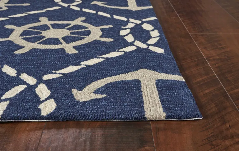 Navy Blue Hand Hooked UV Treated Nautical Indoor Outdoor Area Rug Photo 4