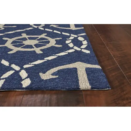 Navy Blue Hand Hooked UV Treated Nautical Indoor Outdoor Area Rug Photo 4