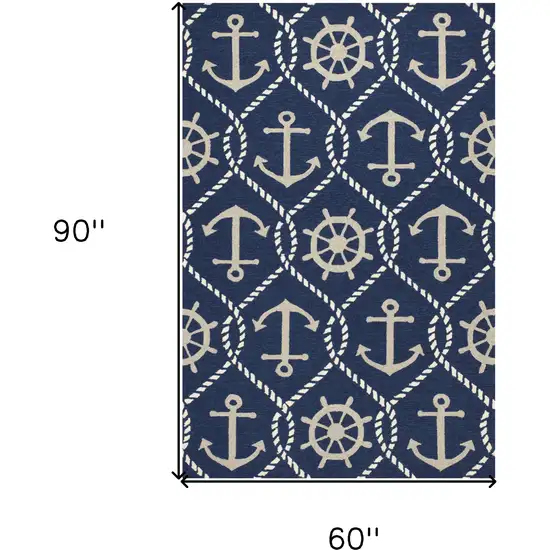 Navy Blue Hand Hooked Uv Treated Nautical Indoor Outdoor Area Rug Photo 3