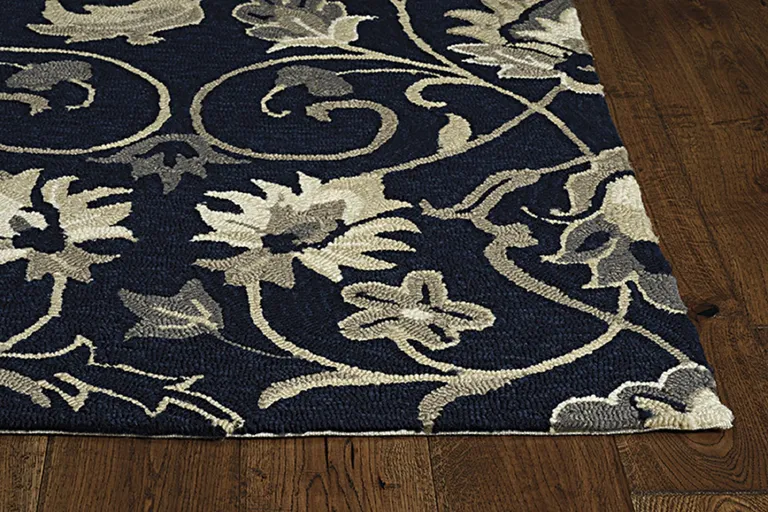 Navy Blue Hand Hooked UV Treated Traditional Floral Design Indoor Outdoor Rug Photo 3