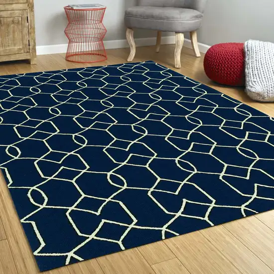 Navy Blue Hand Hooked UV Treated Trellis Indoor Outdoor Area Rug Photo 6