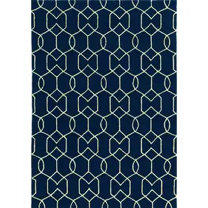 Photo of Navy Blue Hand Hooked UV Treated Trellis Indoor Outdoor Area Rug