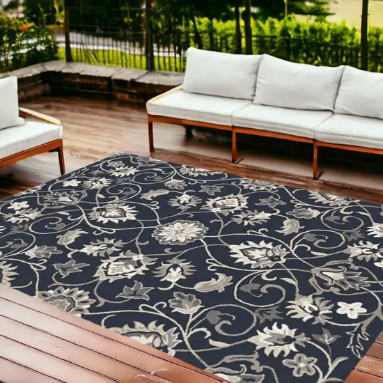 8'X10' Navy Blue Hand Woven Uv Treated Traditional Floral Vines Indoor Outdoor Area Rug Photo 1