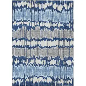 Photo of Navy Blue Ivory And Denim Blue Striped Washable Indoor Outdoor Area Rug