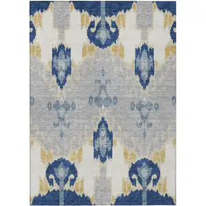 Photo of Navy Blue Ivory And Gray Ikat Washable Indoor Outdoor Area Rug